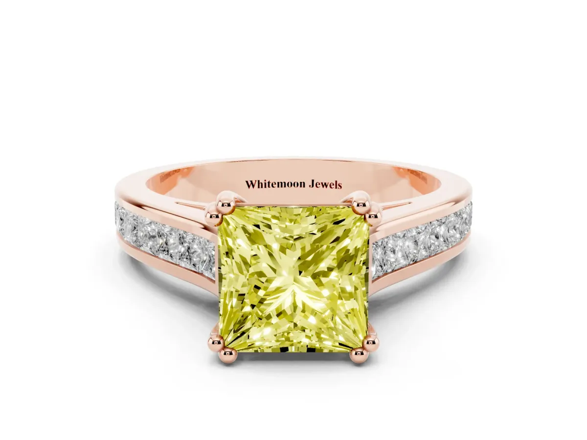 Fancy Yellow Princess Cut Cut Channel Set Solitaire Engagement Ring with Prong Setting Rose gold