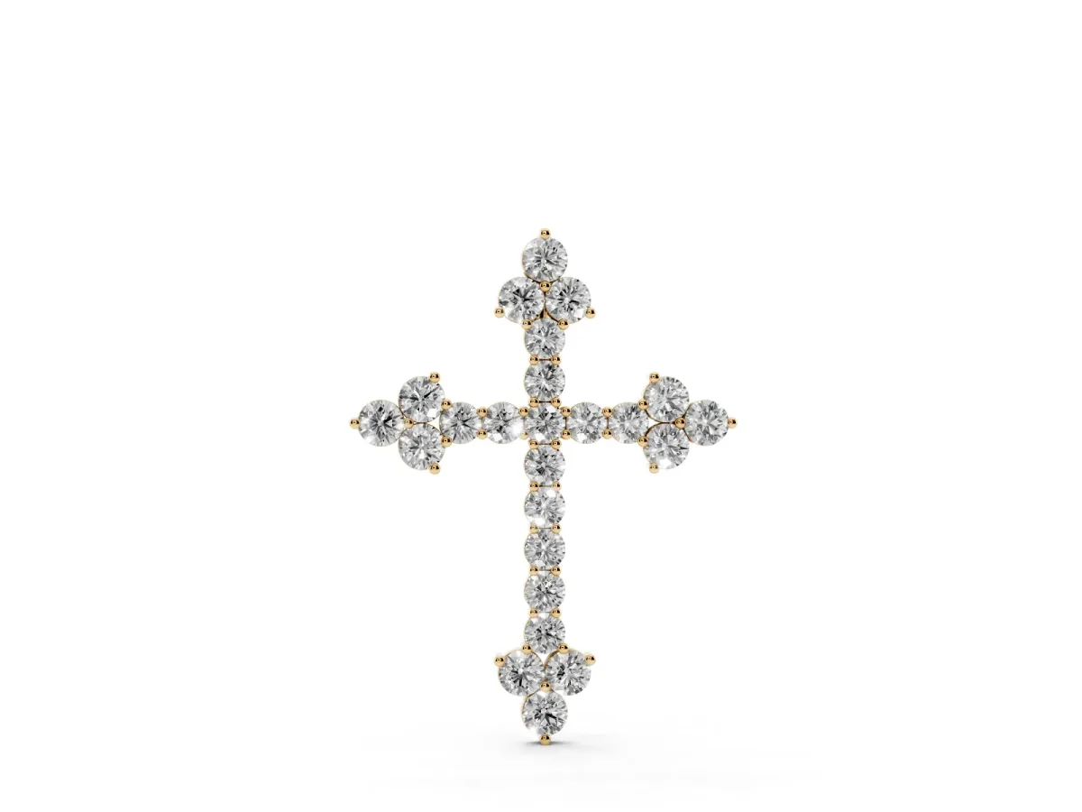 Round Diamond Cluster Cross Pendant with Prong Setting Yellow gold