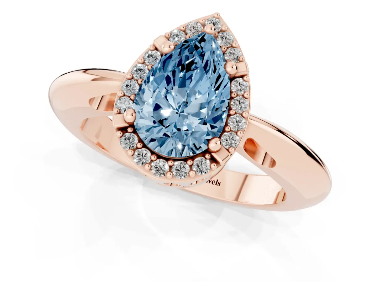 Fancy Blue Pear Cut Cut Diamond Halo Engagement Ring with Split Shank and Four-Prong Setting Rose gold
