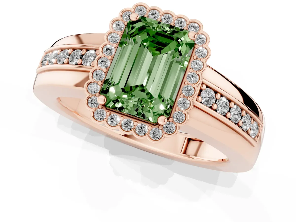 Fancy Green Emerald Cut Cut Halo Pave Band Four-Prong Ring Rose gold