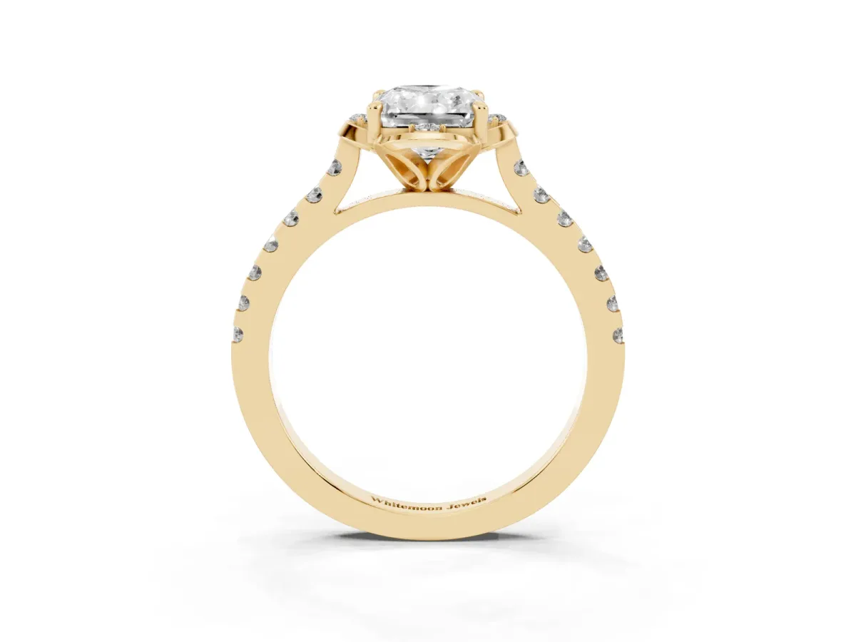 Radiant Cut Diamond Ring with Pavé Band and Floral Prong Setting Yellow gold