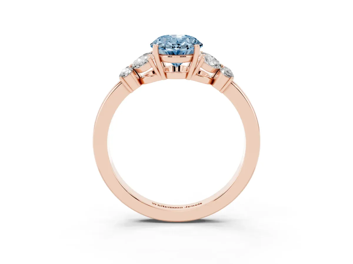 Fancy Blue Oval Cut Cut Solitaire Floral Diamond Ring with Four-Prong Setting Rose gold