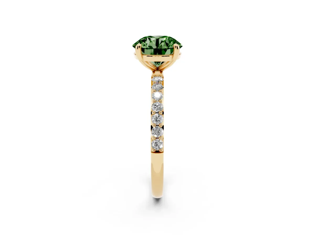 Fancy Green Round Cut Diamond Solitaire Ring with Round Pavé Band and Prong Setting Yellow gold