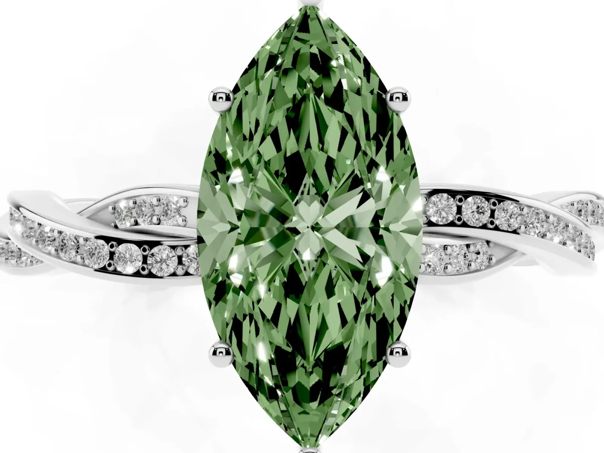 Fancy Green Marquise Cut Solitaire Twisted Pave Diamond Ring with Four-Prong Setting Silver
