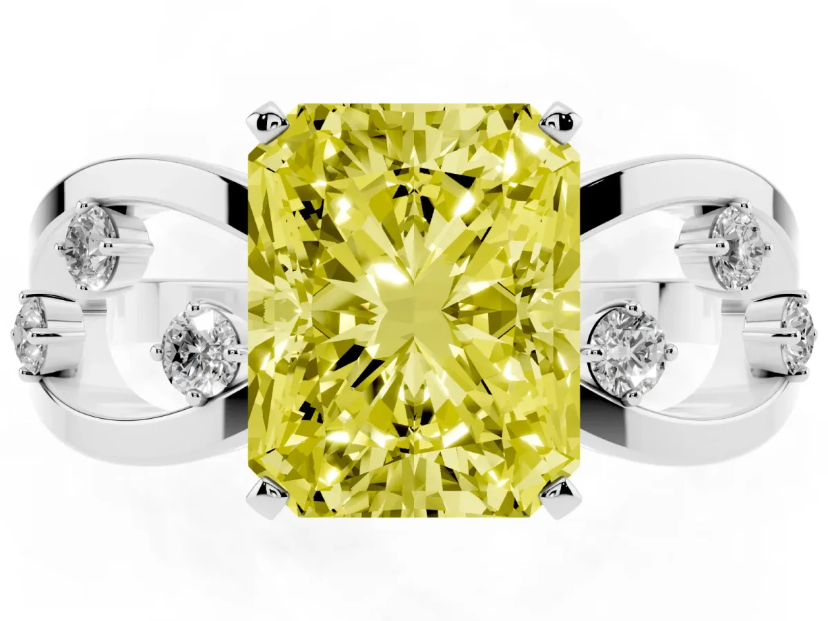 Fancy Yellow Radiant Cut Cut Solitaire Diamond with Side Stones on Criss-Cross Band and Four-Prong Setting Platinum