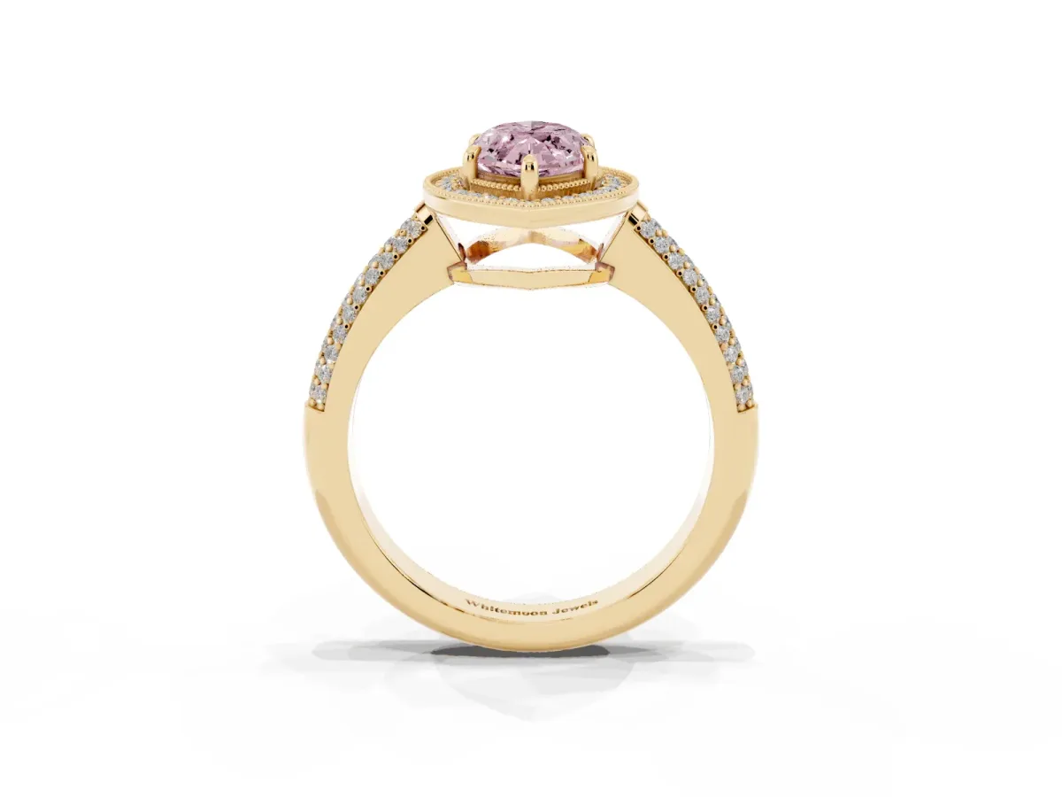 Fancy Pink Marquise Cut Cut Halo Diamond Pave Band with Four-Prong Setting Yellow gold