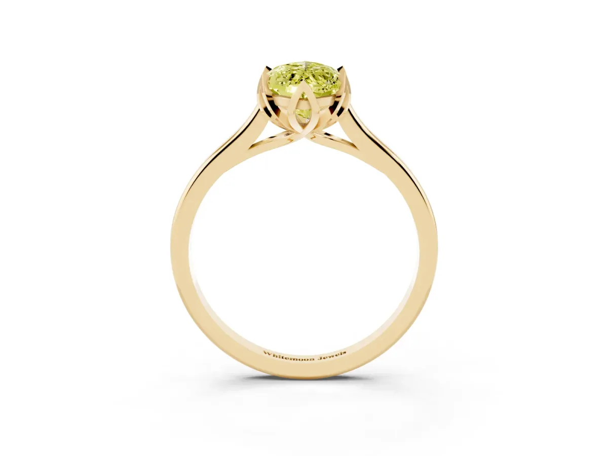 Fancy Yellow Marquise Cut Diamond Solitaire Ring with Flower Prong Setting and Classic Band Yellow gold