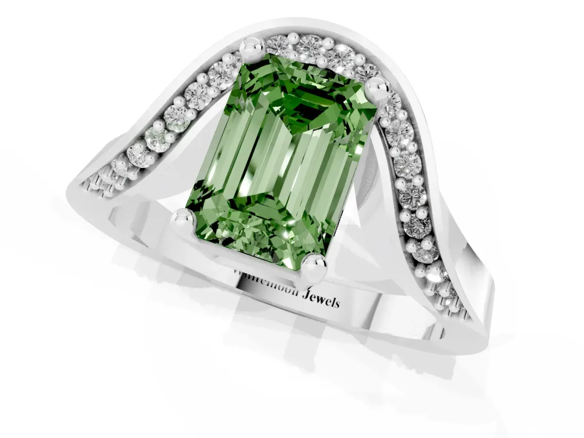 Fancy Green Emerald Cut Solitaire Diamond Engagement Ring with Pave Band and Four-Prong Setting Platinum