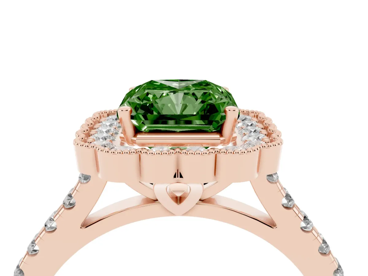 Fancy Green Radiant Cut Cut Diamond Milgrain Floral Halo Engagement Ring with Pavé Band Rose gold