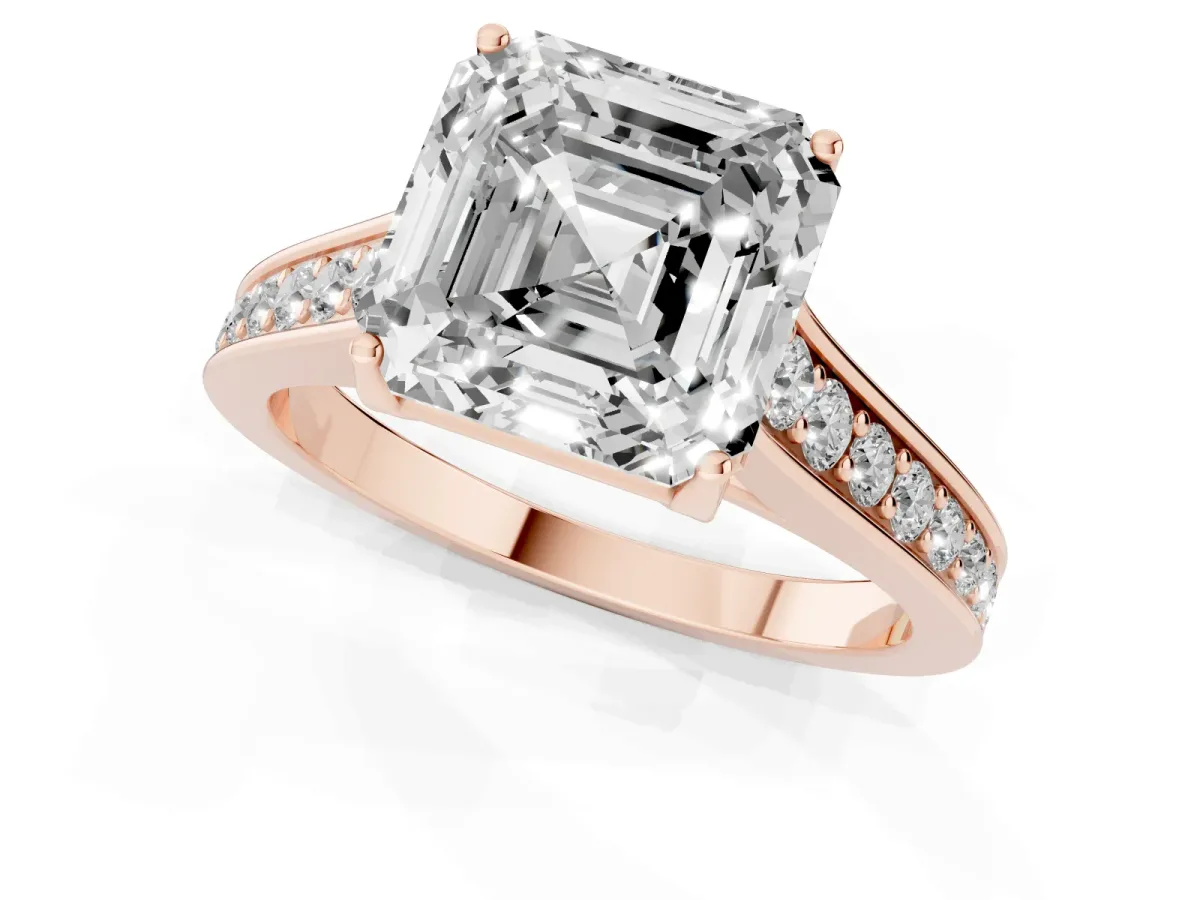 Asscher Cut Brilliant Cut Diamond Engagement Ring with Pavé Band and Four-Prong Setting Rose gold