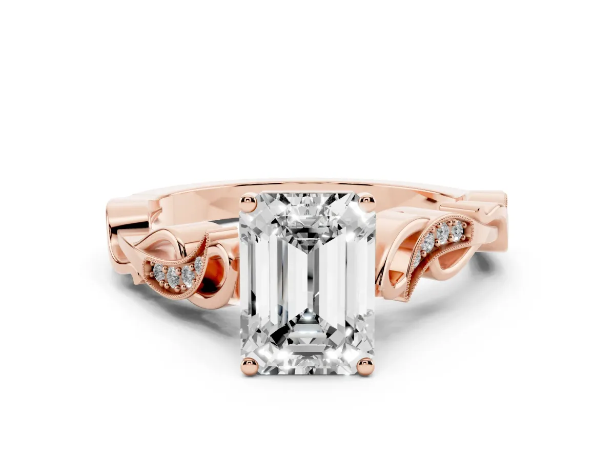 Emerald Cut Solitaire Vine Band with Milgrain Prong Setting Rose gold