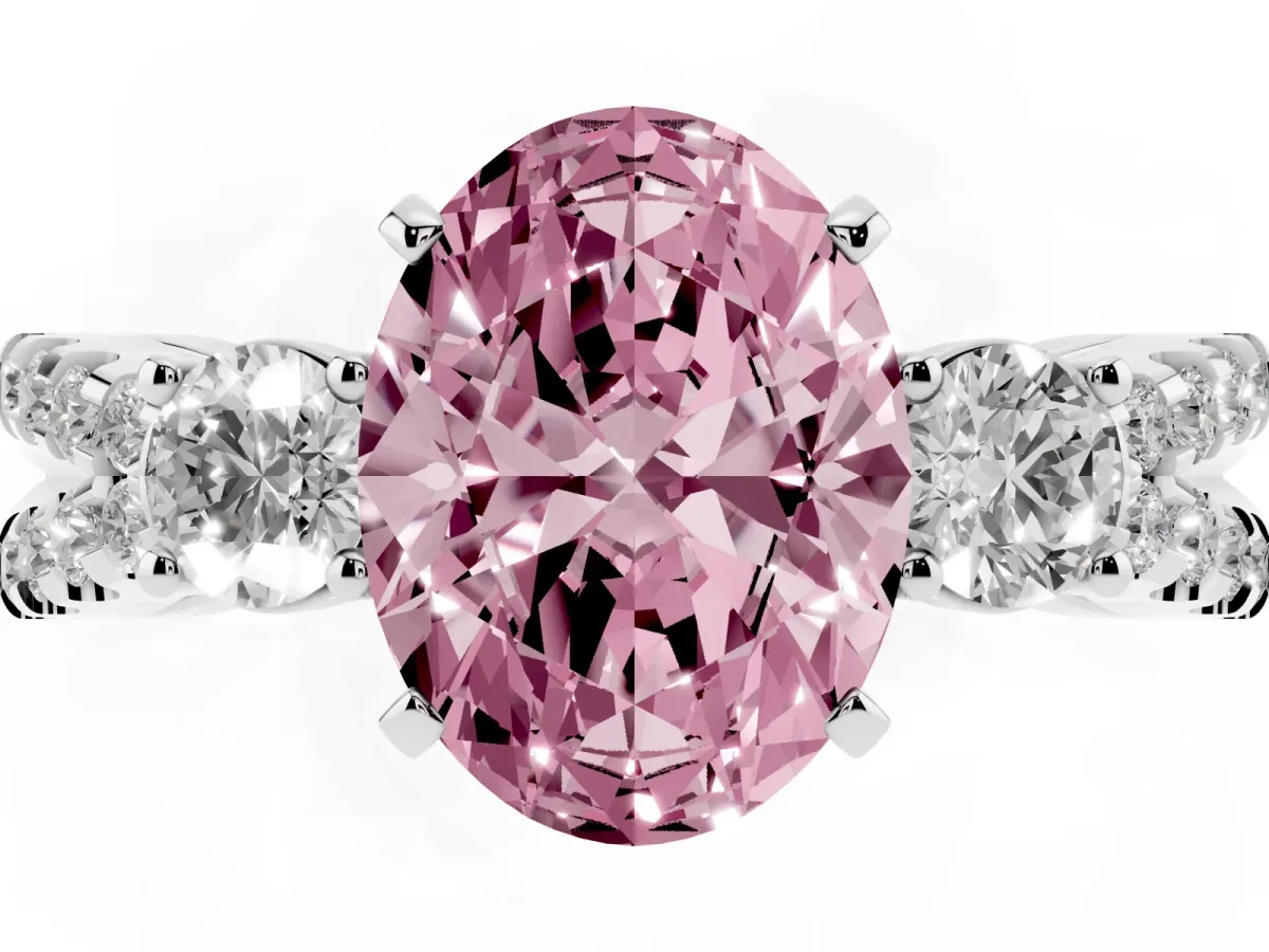 Fancy Pink Oval Cut Diamond Three-Stone Ring with Pavé Split Shank and Four-Prong Setting Silver