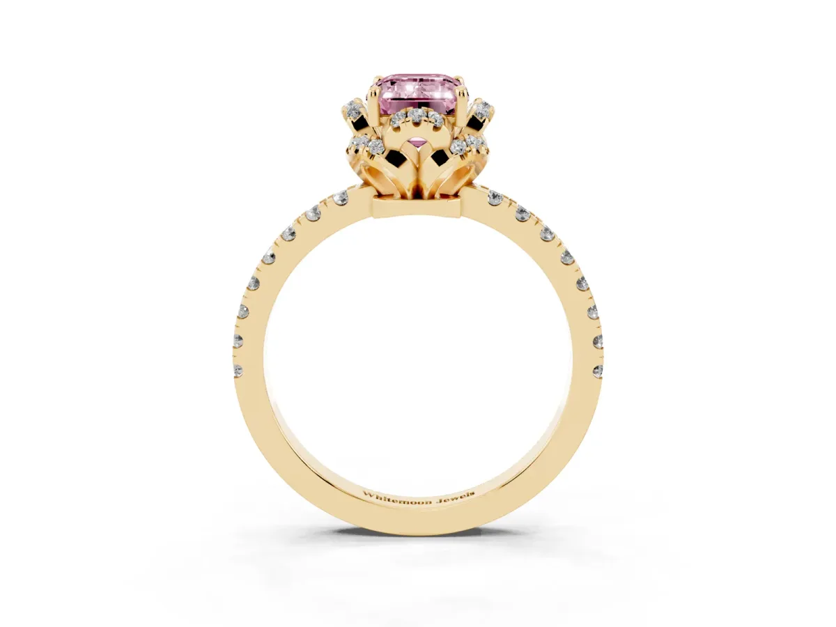 Fancy Pink Emerald Cut Diamond Halo Pave Band with Four-Prong Setting Yellow gold