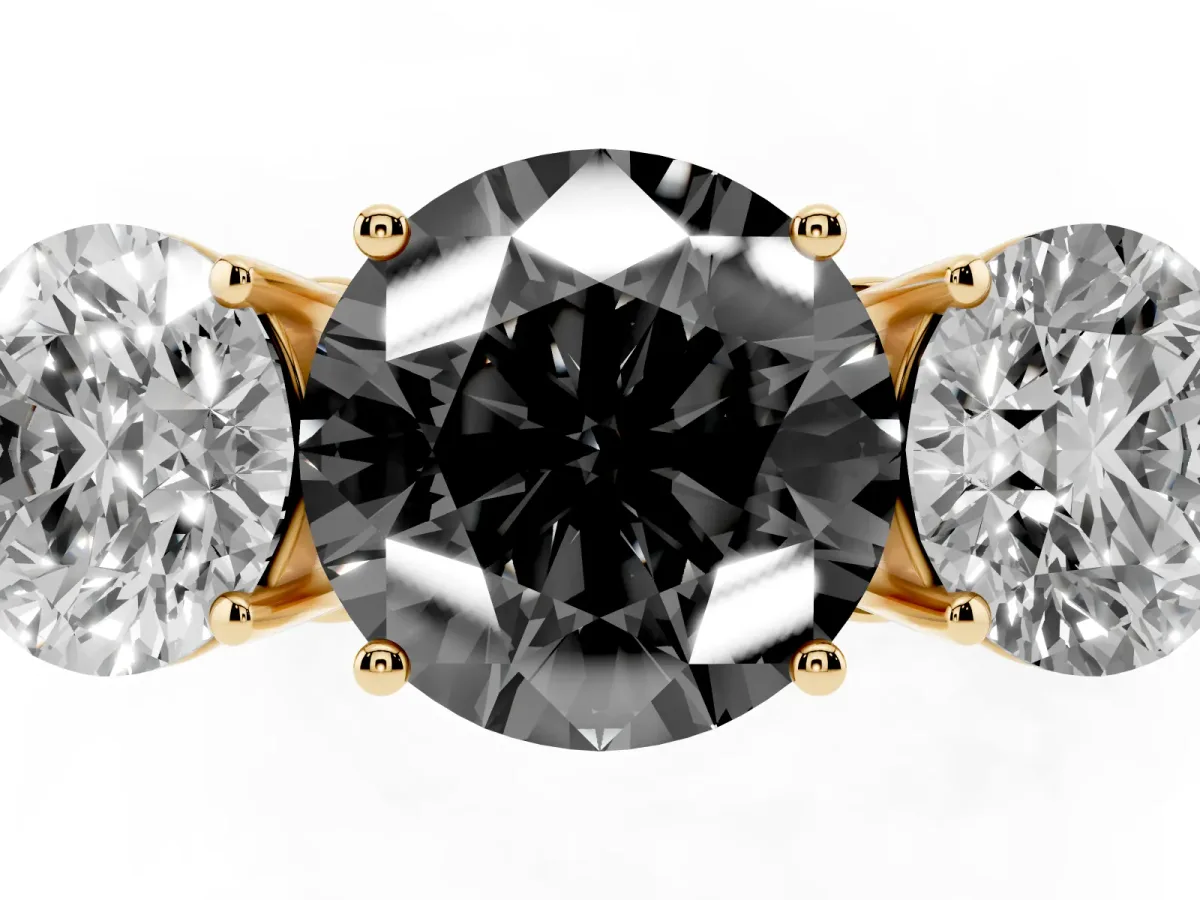 Fancy Black Round Cut Diamond Three-Stone Ring with Prong Setting and Textured Band Yellow gold
