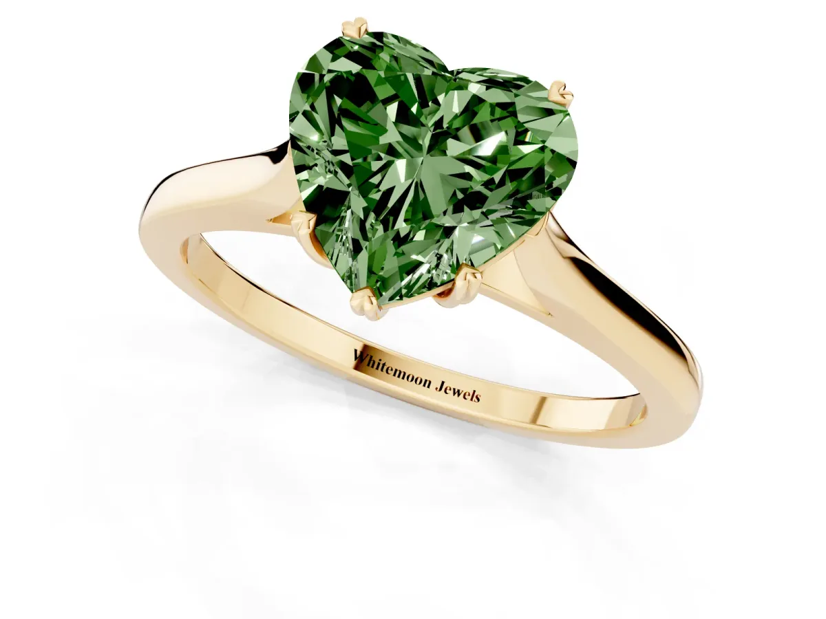 Fancy Green Heart Cut Solitaire Heart Prong Engagement Ring with Tapered Band Yellow gold