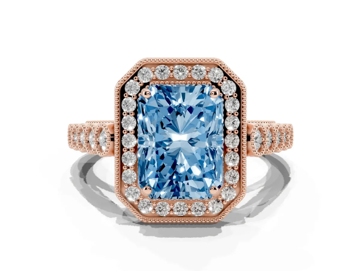 Fancy Blue Radiant Cut Halo Milgrain Solitaire with Bezel Set Side Stones and Pave Band Rose gold