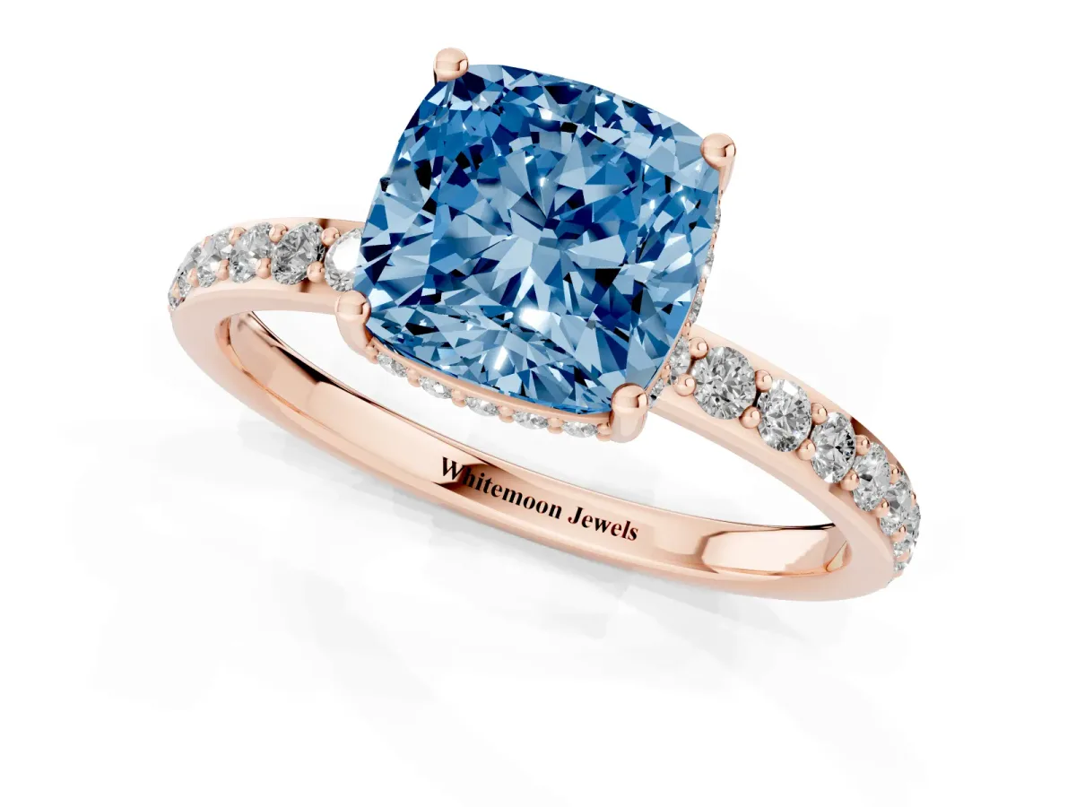 Fancy Blue Cushion Cut Diamond Solitaire Ring with Pavé Band and Hidden Halo Rose gold