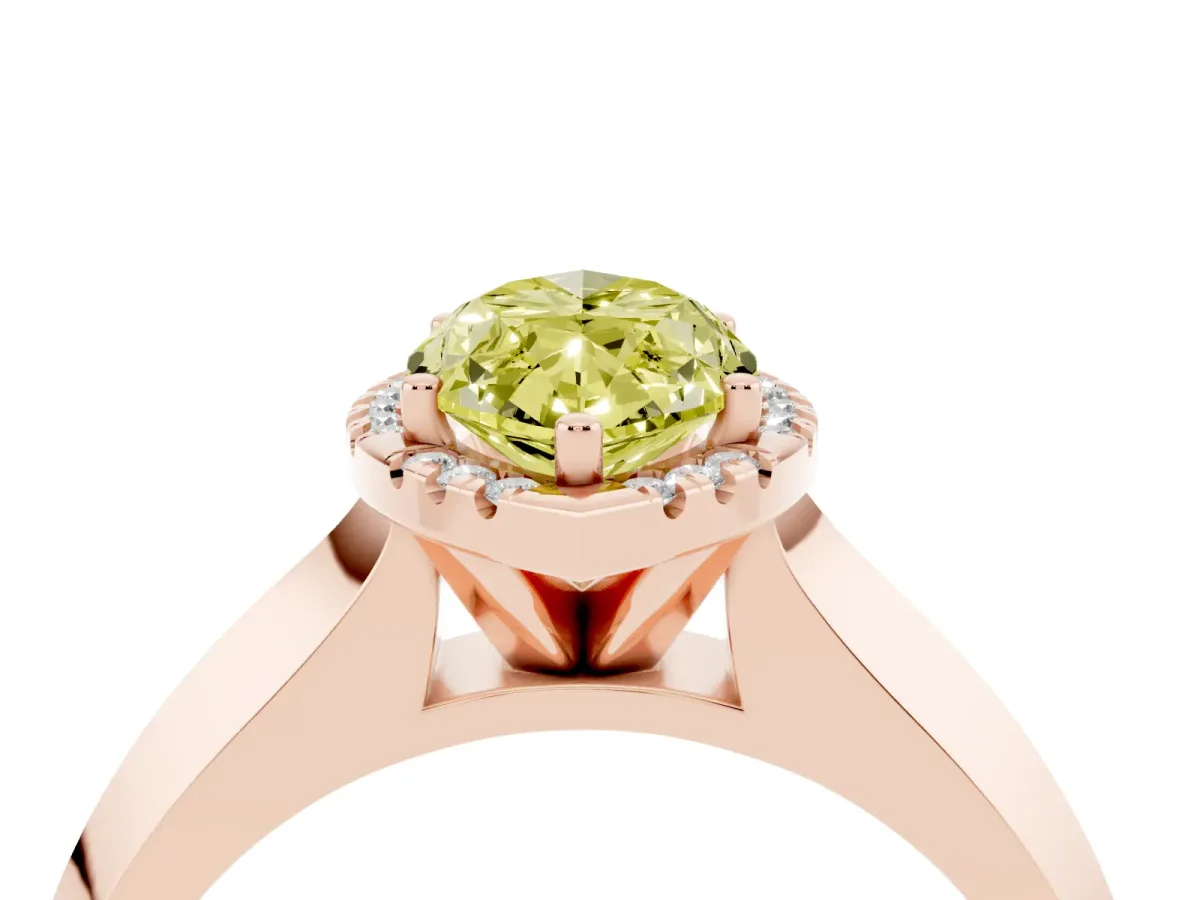 Fancy Yellow Marquise Cut Halo Diamond Ring with Cathedral Band and Four-Prong Setting Rose gold