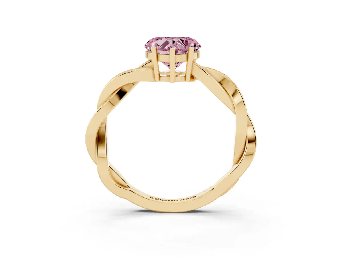 Fancy Pink Heart Cut Solitaire Twisted Pave Diamond Ring with Four-Prong Setting Yellow gold