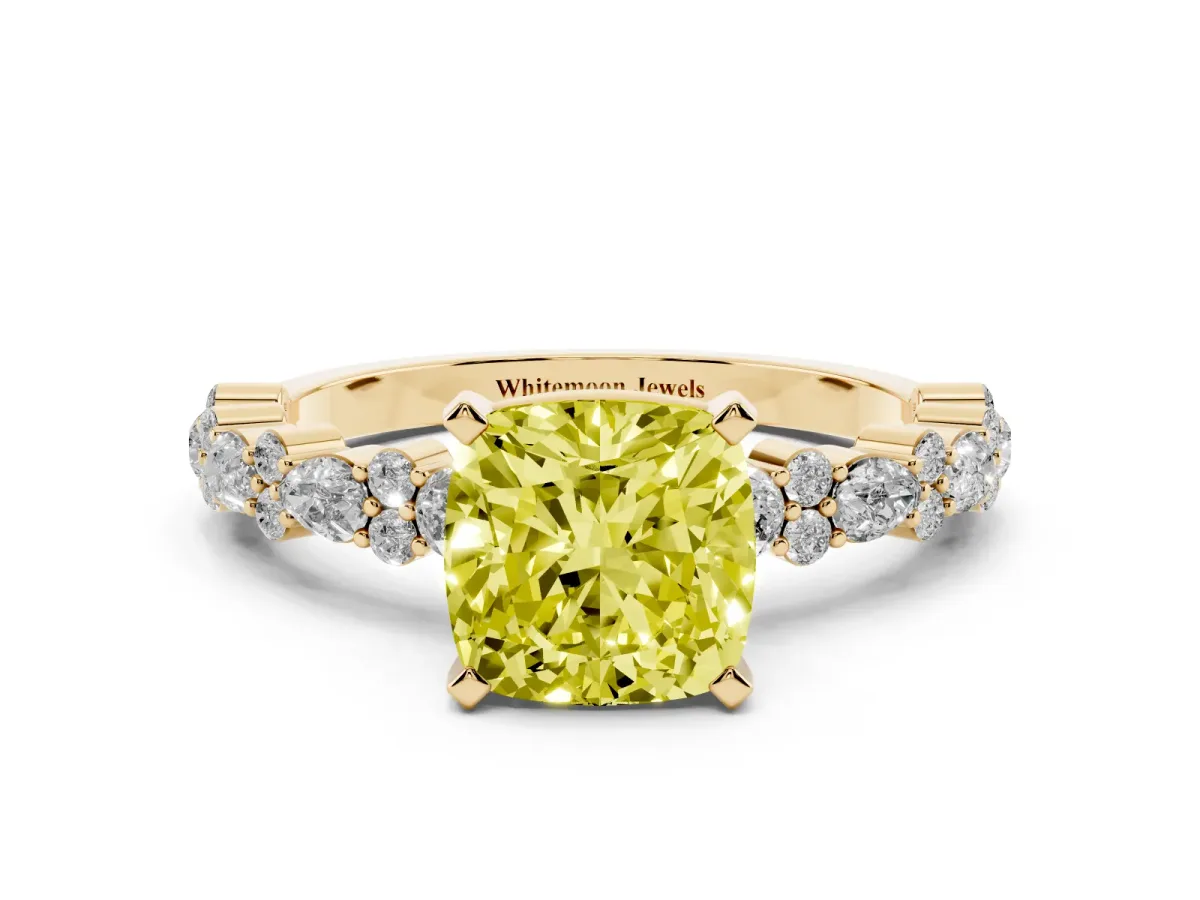 Fancy Yellow Cushion Cut Diamond Side Stone Solitaire Ring with Round and Four-Prong Setting Yellow gold