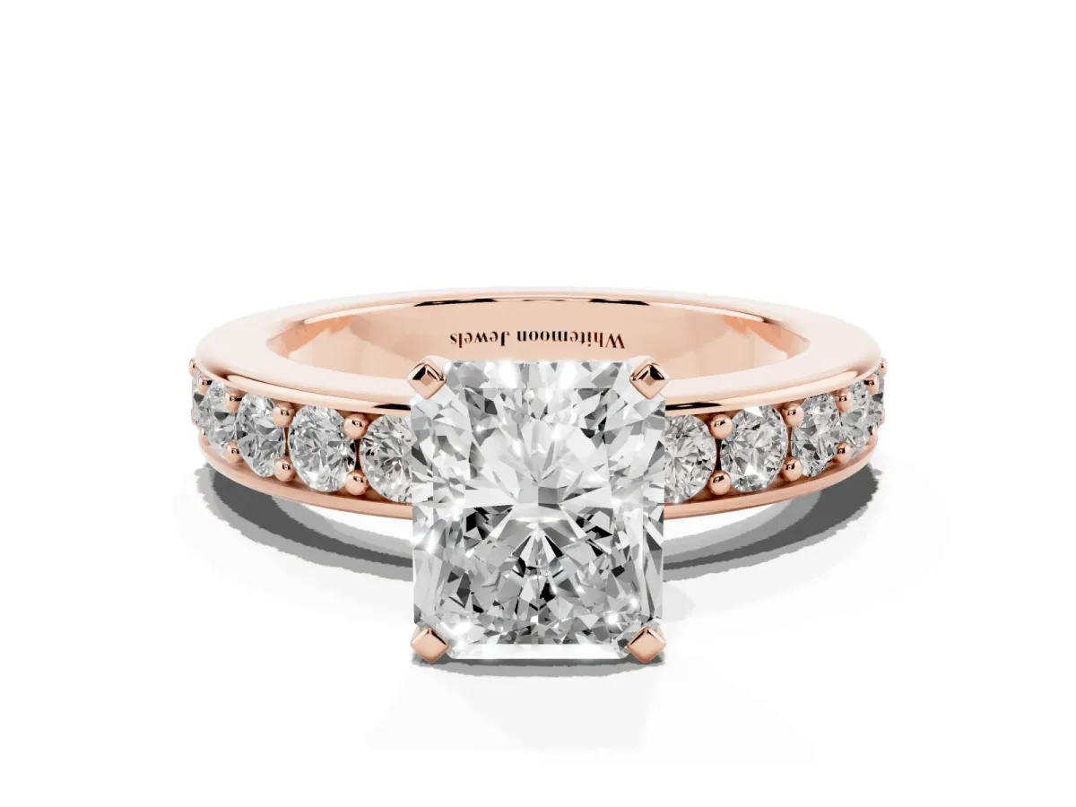 Radiant Cut Diamond Engagement Ring with Channel Set Round Band and Prong Setting Rose gold