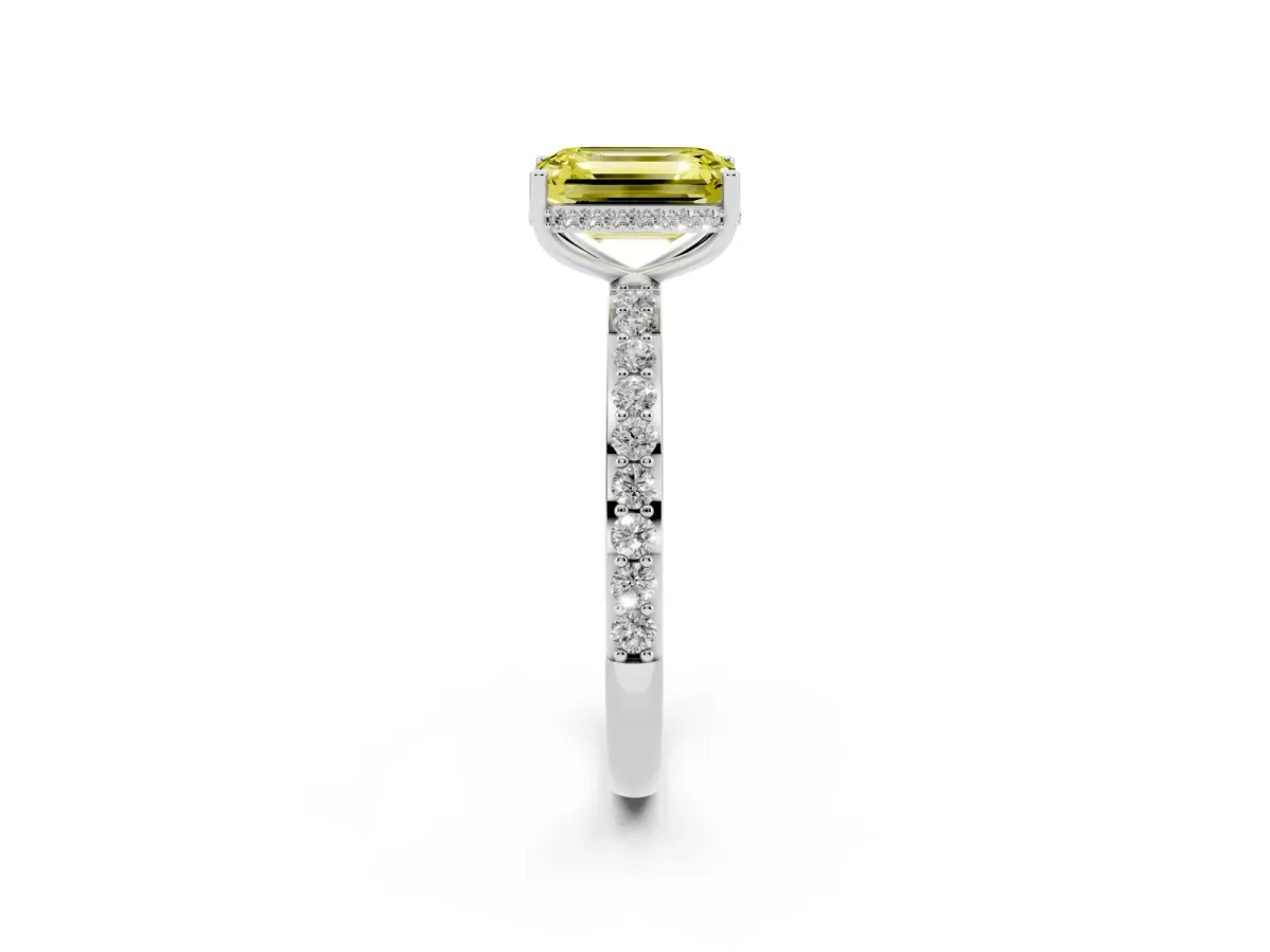 Fancy Yellow Emerald Cut Diamond Solitaire Ring with Pavé Band and Hidden Halo White gold