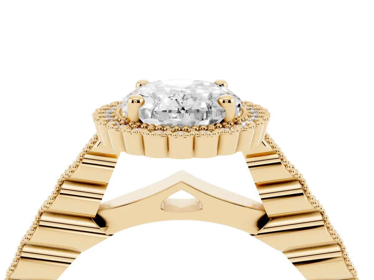 Oval Cut Cut Halo Pavé Solitaire Ring with Milgrain Band Yellow gold