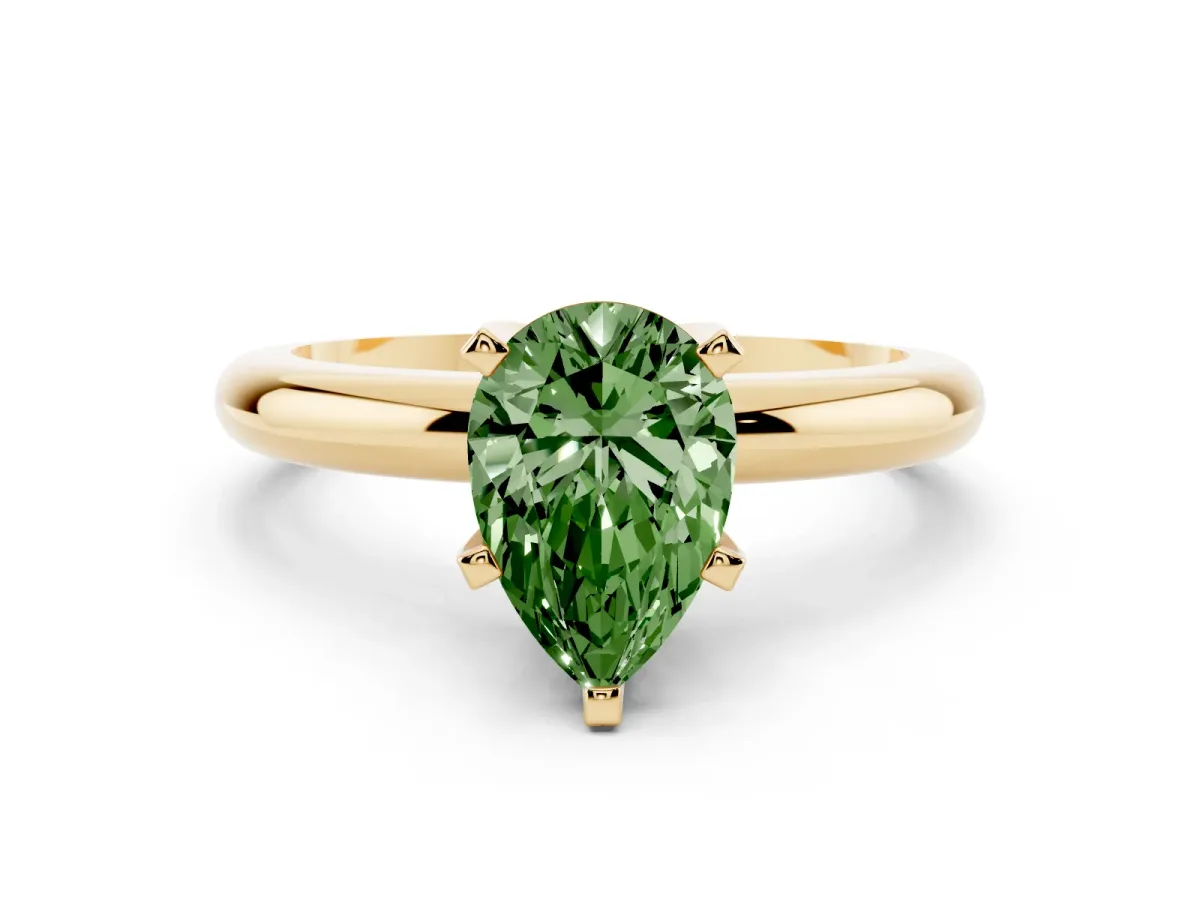 Fancy Green Pear Cut Diamond Solitaire Engagement Ring with Round Band and Four-Prong Setting Yellow gold