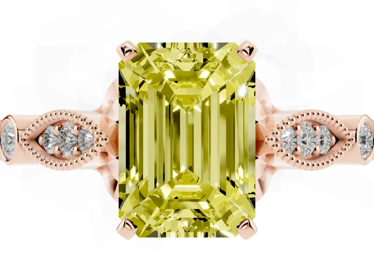 Fancy Yellow Emerald Cut Cut Diamond with Milgrain Marquise and Bezel Accents on a Solitaire Band with Prong Setting Rose gold