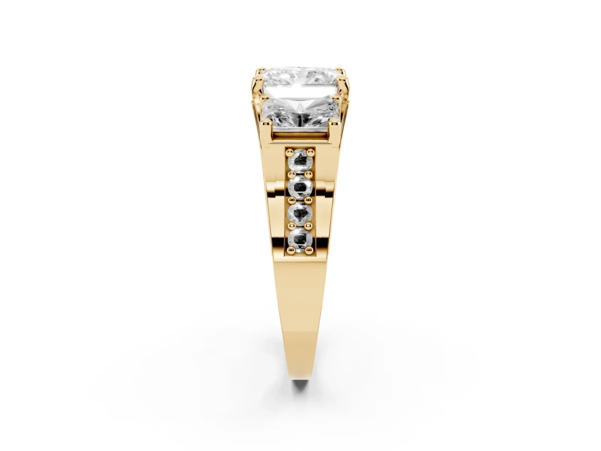 Radiant Cut Diamond Three-Stone Ring with Channel Set Band and Four-Prong Setting Yellow gold