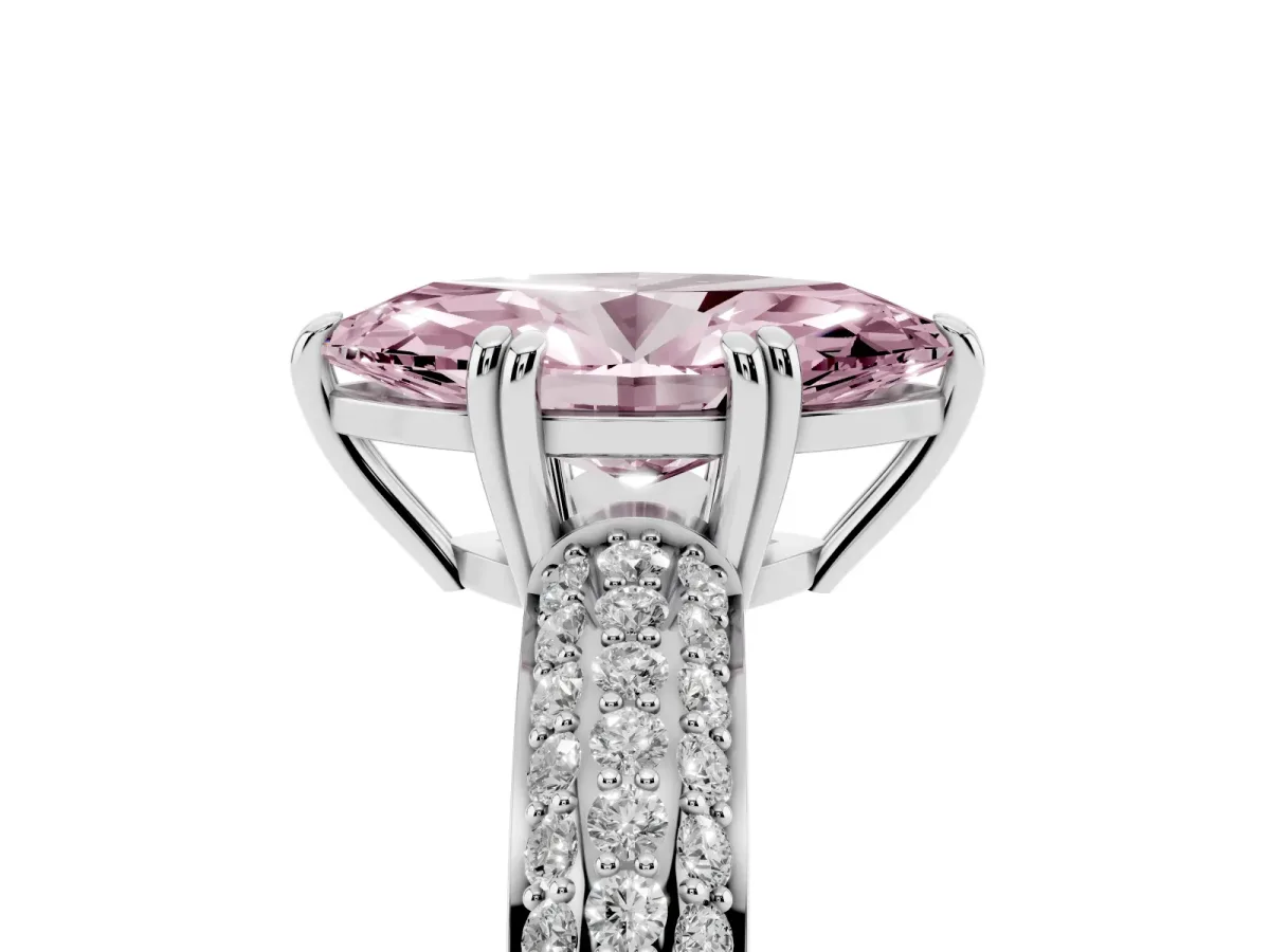 Fancy Pink Marquise Cut Diamond Solitaire Ring with Multi-Row Round Pavé Band and Prong Setting Platinum