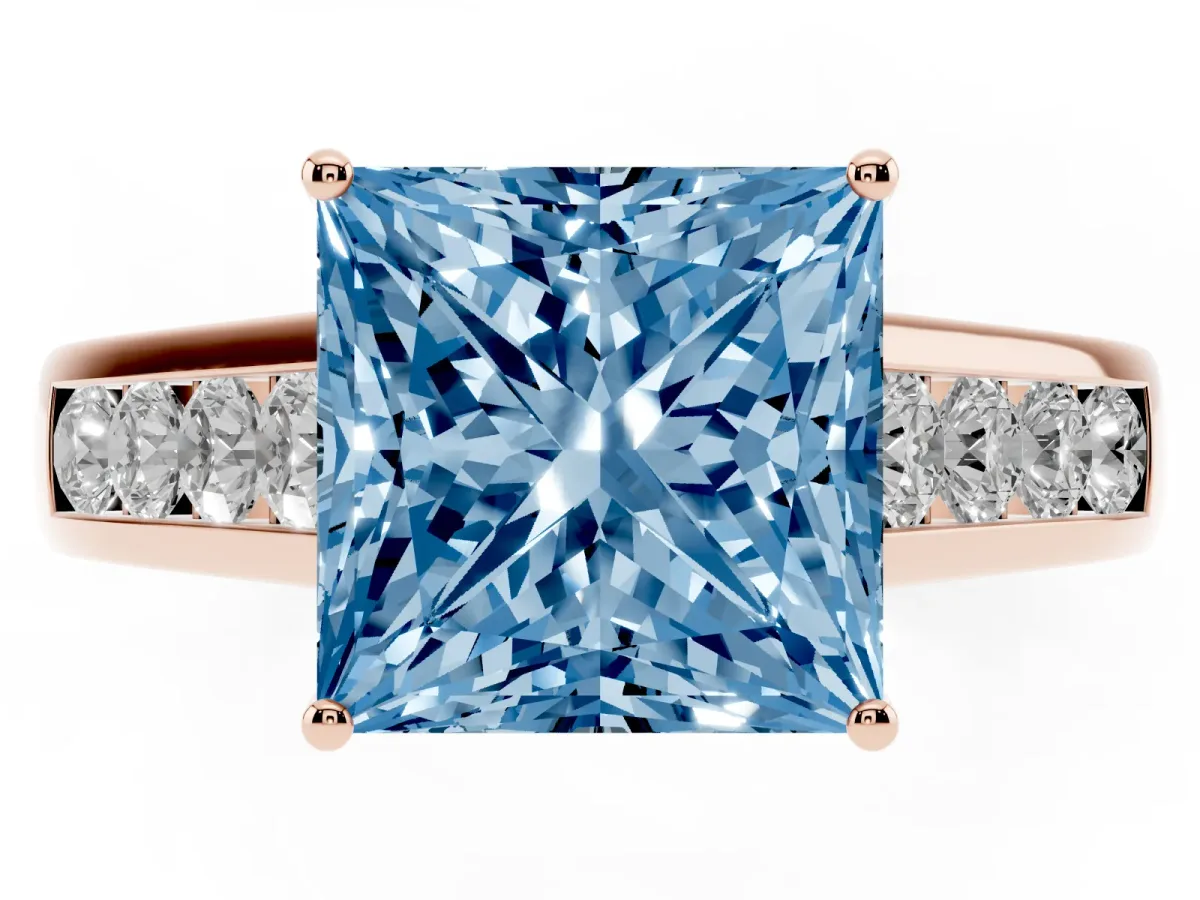 Fancy Blue Princess Cut Solitaire Channel-Set Diamond Engagement Ring with Four-Prong Setting Rose gold