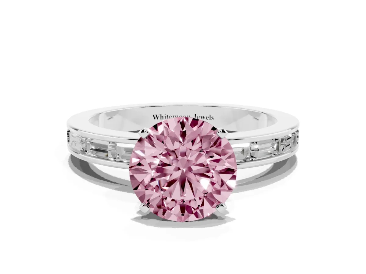 Fancy Pink Round Cut Solitaire Diamond Ring with Channel-Set Baguette Band and Four-Prong Setting Silver