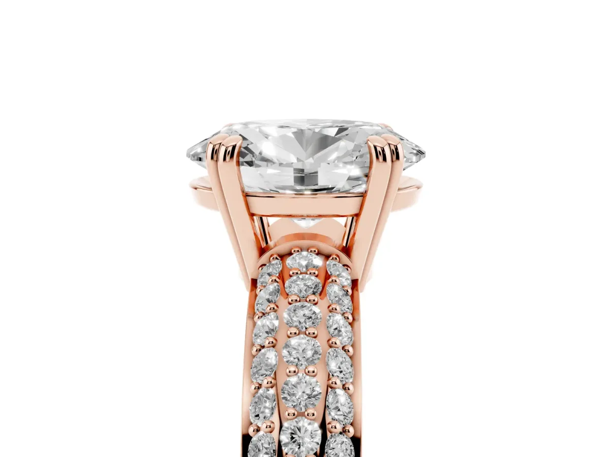 Oval Cut Diamond Solitaire Ring with Multi-Row Round Pavé Band and Prong Setting Rose gold