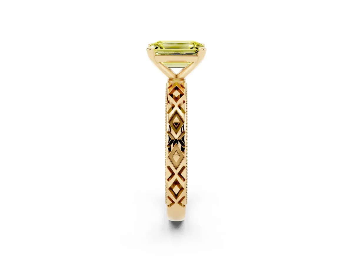 Fancy Yellow Emerald Cut Solitaire Diamond Ring with Milgrain and Black Enamel X Pattern Band Yellow gold