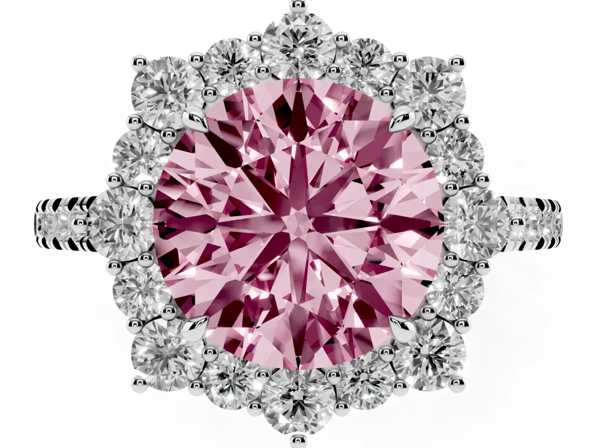 Fancy Pink Round Cut Halo Diamond Ring with Pavé Band and Prong Setting Silver
