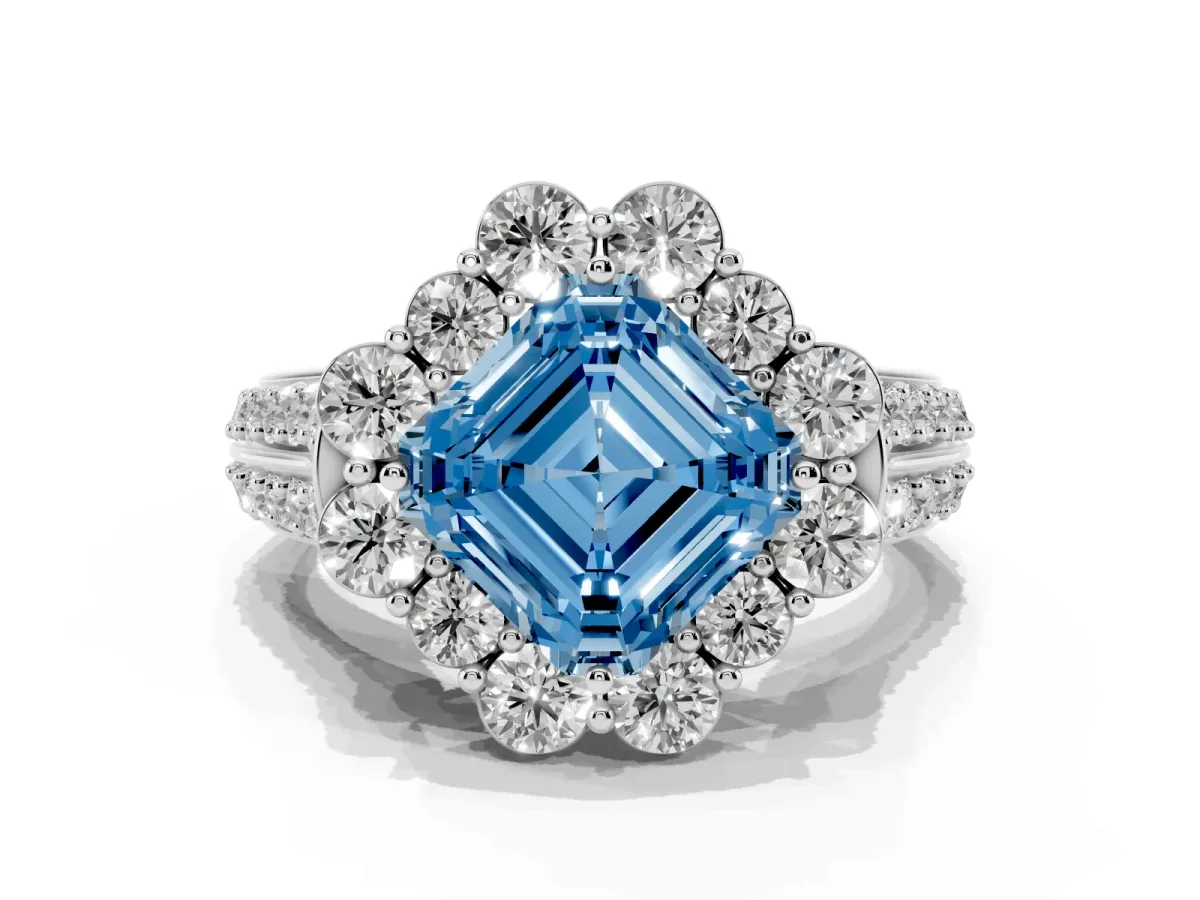 Fancy Blue Asscher Cut Halo Diamond Engagement Ring with Split Shank and Prong Setting Silver