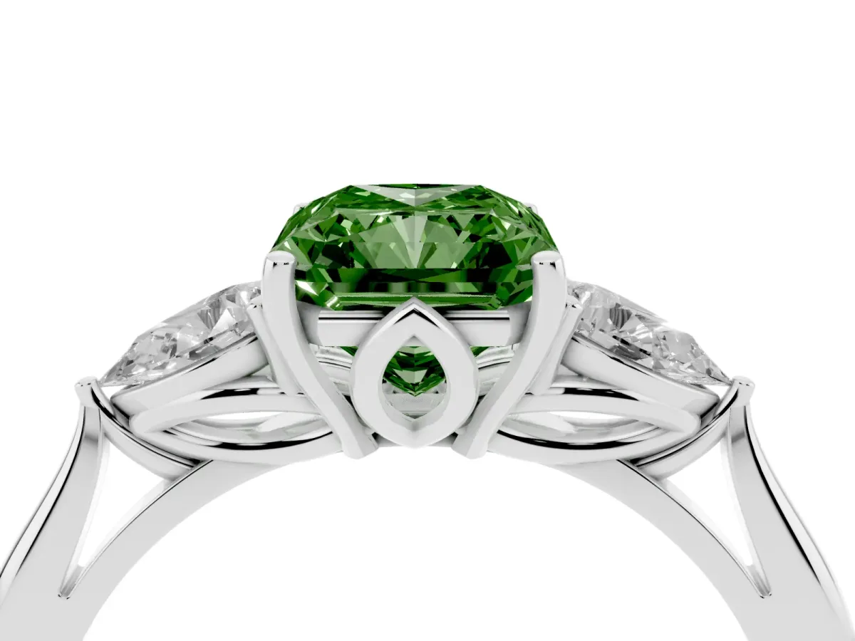 Fancy Green Radiant Cut Diamond Three-Stone Ring with Pear Side Stones and Prong Setting Platinum