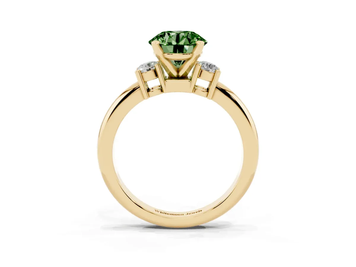 Fancy Green Three-Stone Round Cut Cut Diamond Solitaire with Prong Setting and Classic Band Yellow gold