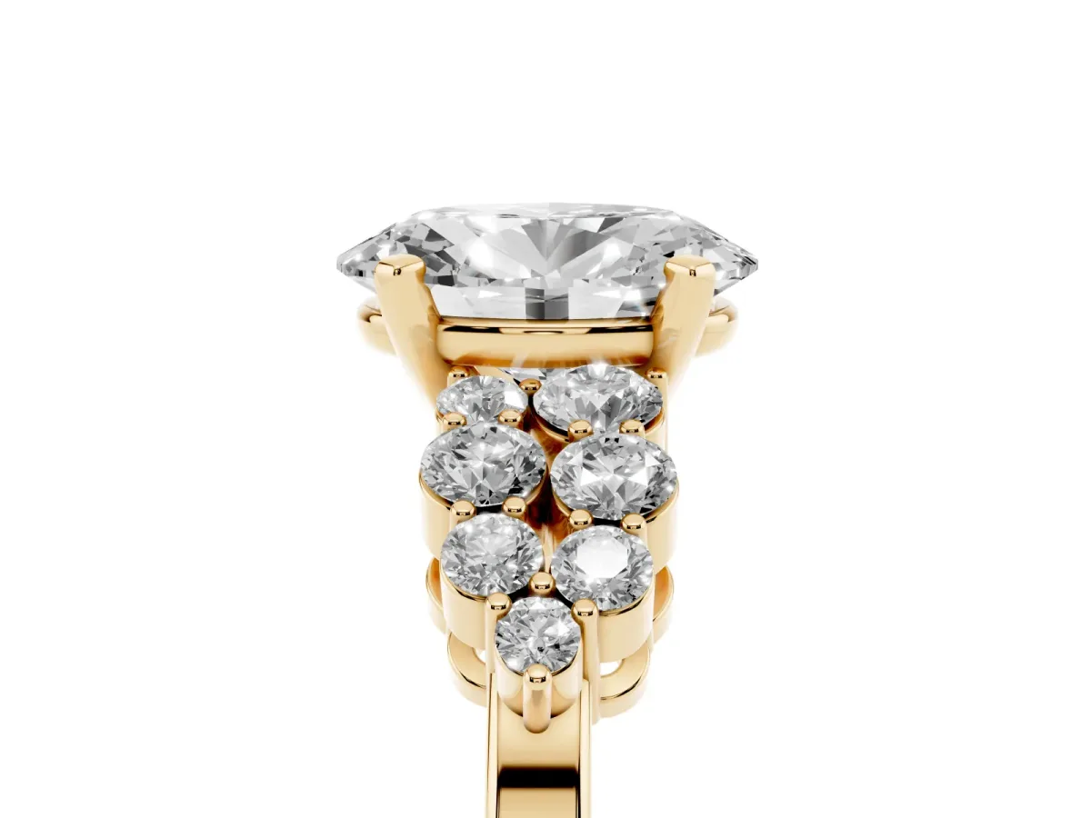 Oval Cut Cluster Diamond Engagement Ring with Pavé Band and Four-Prong Setting Yellow gold