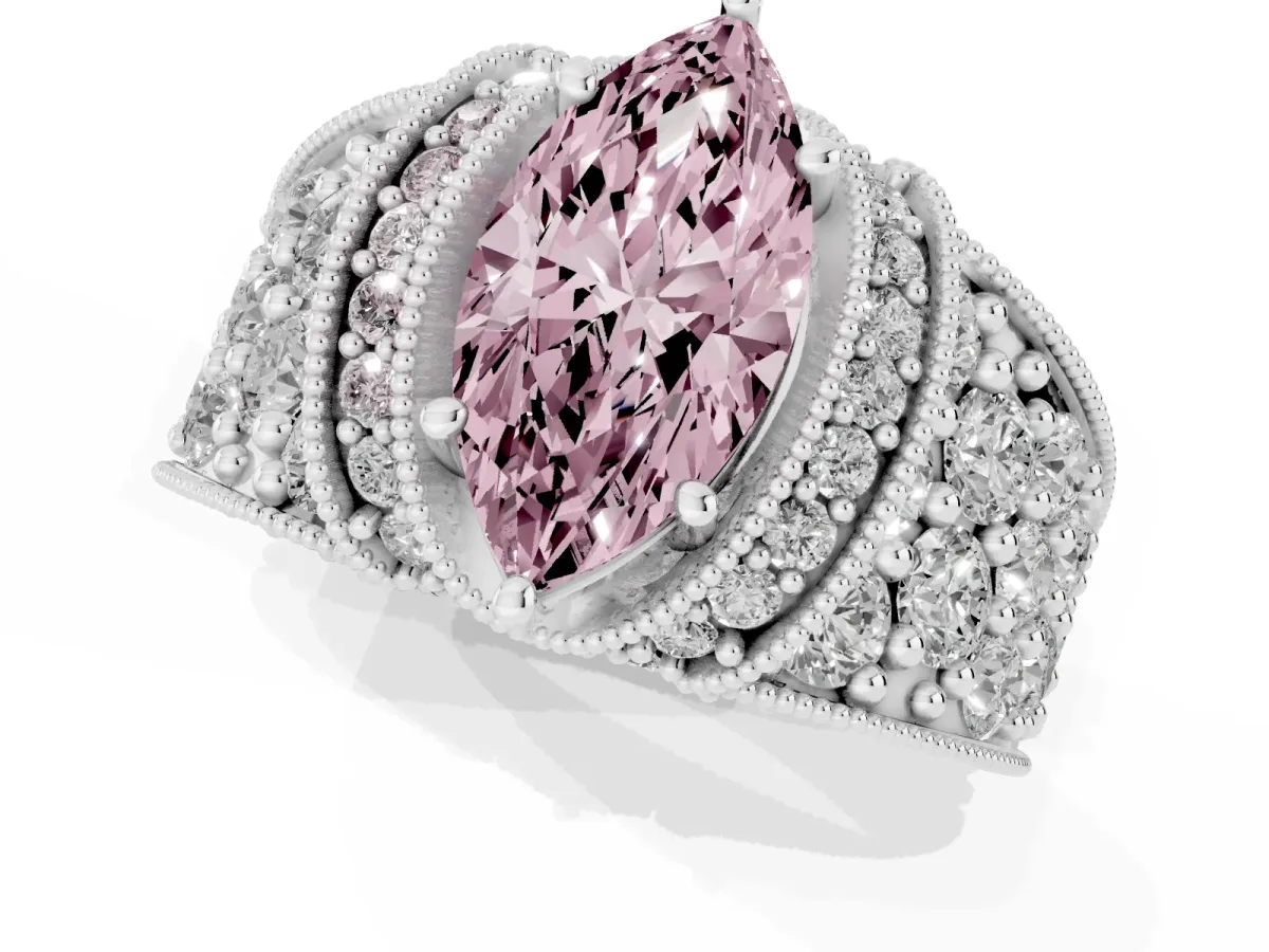 Fancy Pink Marquise Cut Halo Pave Diamond Engagement Ring with Milgrain Detailing Silver