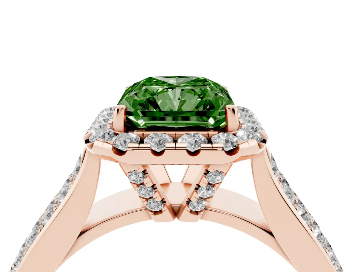 Fancy Green Radiant Cut Halo Round Diamond Pave Band with Prong Setting Rose gold