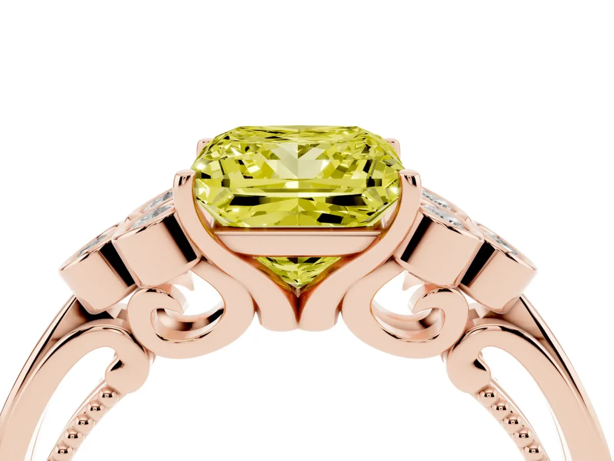 Fancy Yellow Princess Cut Cut Diamond Engagement Ring with Bezel Set Round Side Stones and Prong Setting Rose gold