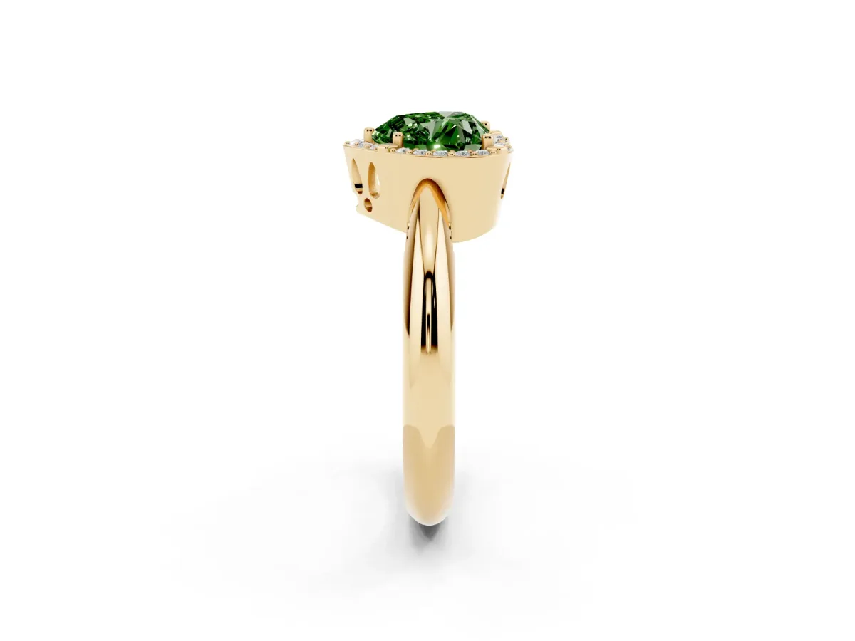Fancy Green Heart Cut Cut Diamond Halo Engagement Ring with Split Shank and Four-Prong Setting Yellow gold