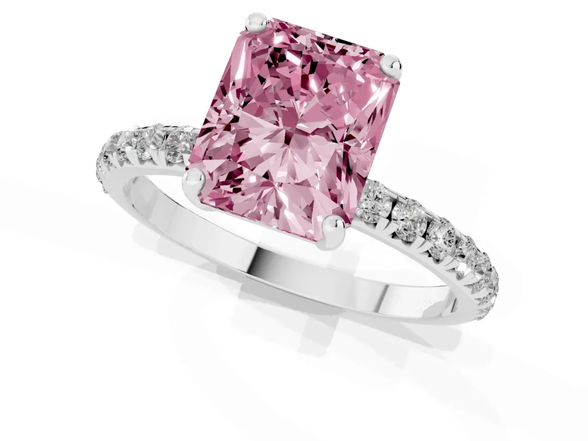 Fancy Pink Radiant Cut Cut Diamond Solitaire Ring with Micro Pave Band and Four Prong Setting Platinum