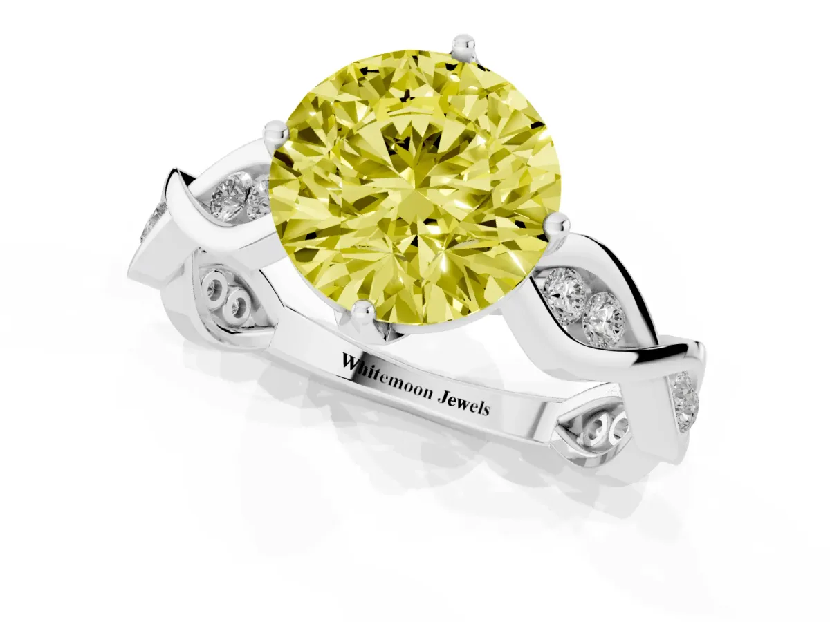Fancy Yellow Round Cut Solitaire Twist Band with Leaf Prong Setting Platinum