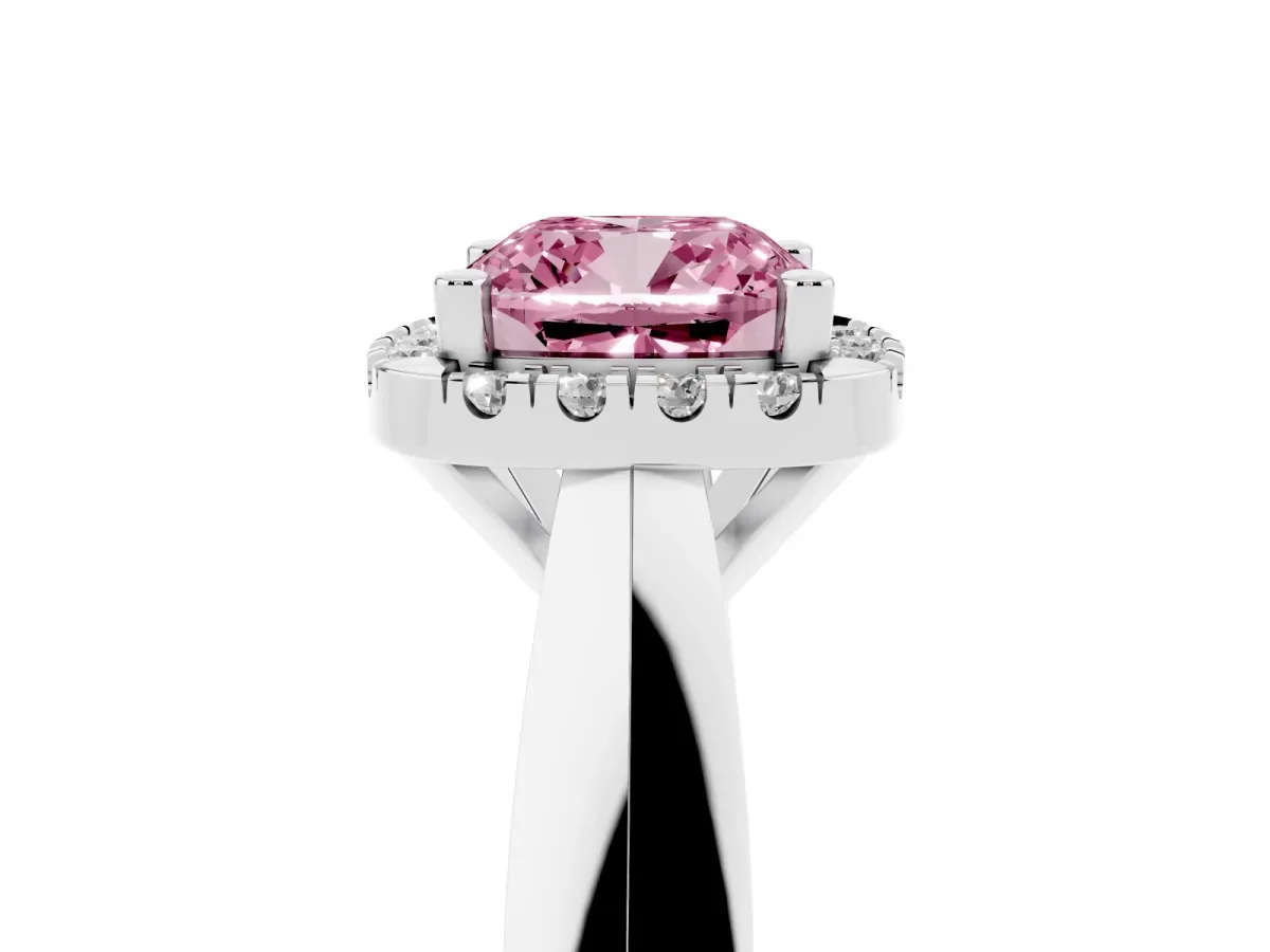 Fancy Pink Cushion Cut Cut Halo Solitaire Engagement Ring with Square Band and Four-Prong Setting White gold