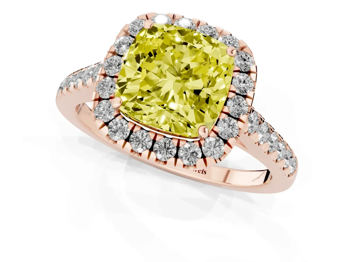Fancy Yellow Cushion Cut Halo Pave Diamond Engagement Ring with Four-Prong Setting Rose gold