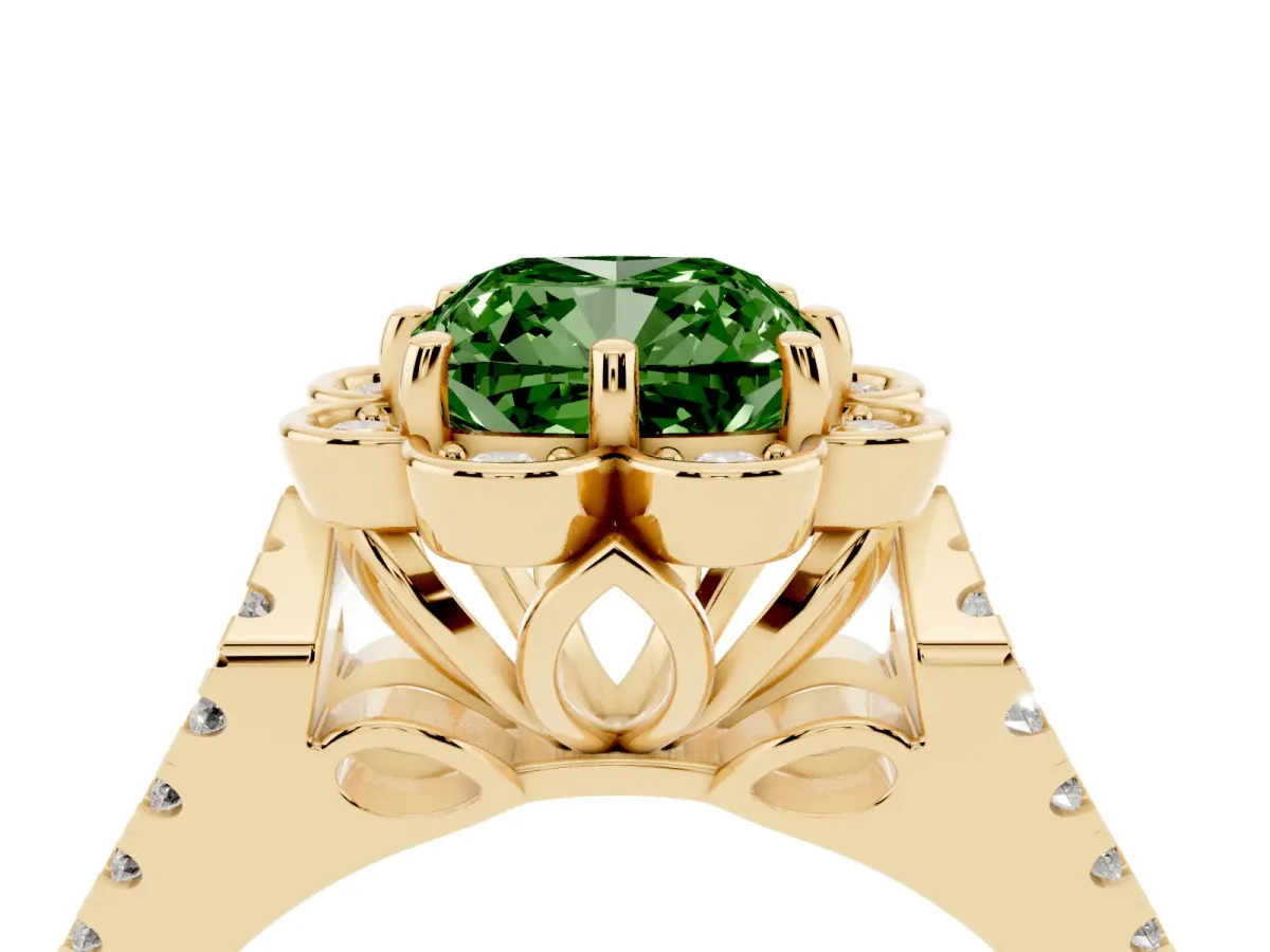 Fancy Green Cushion Cut Halo Diamond Floral Split Shank Engagement Ring Yellow gold