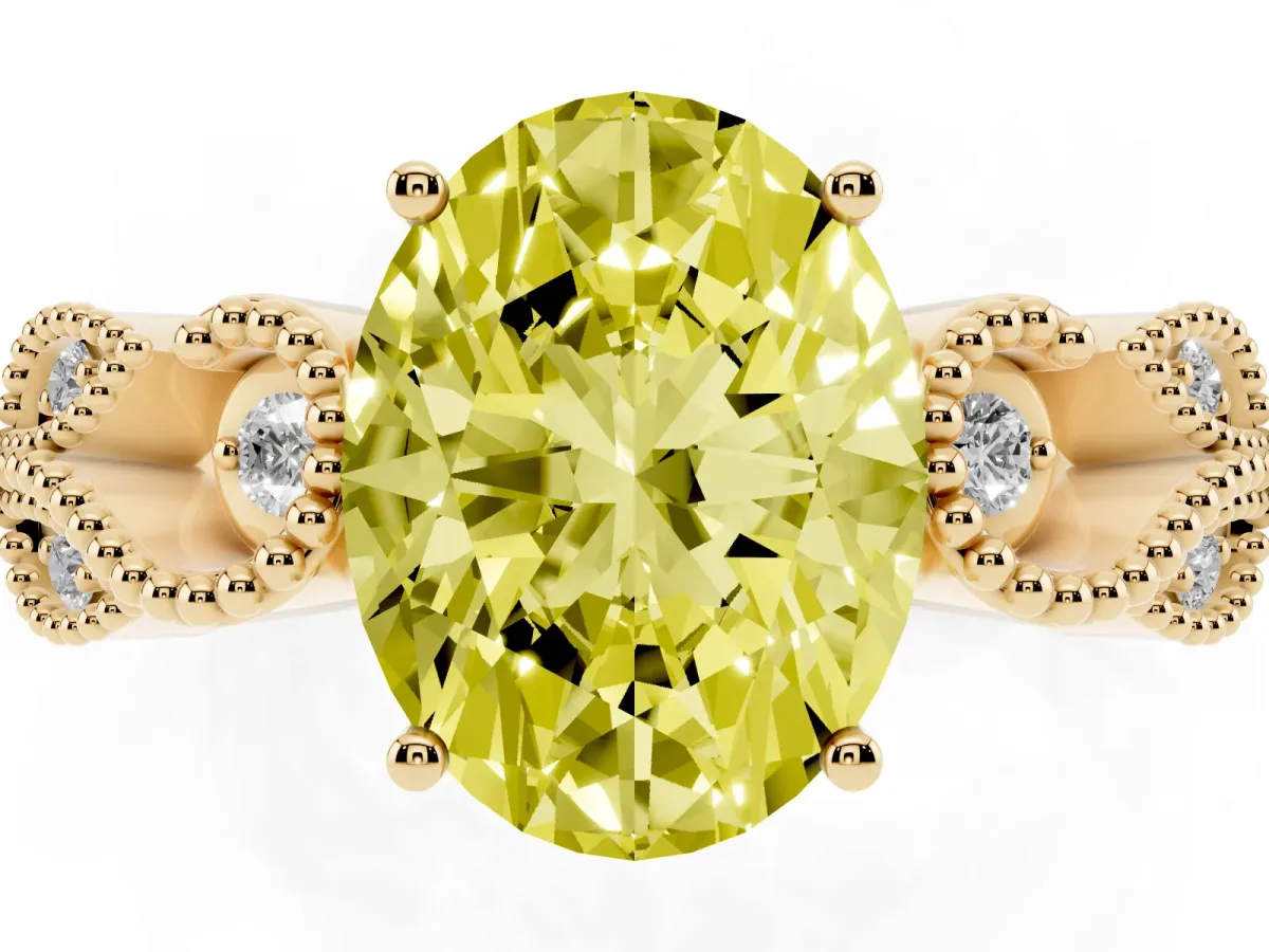 Fancy Yellow Oval Cut Solitaire Milgrain Leaf Band with Prong Setting Yellow gold